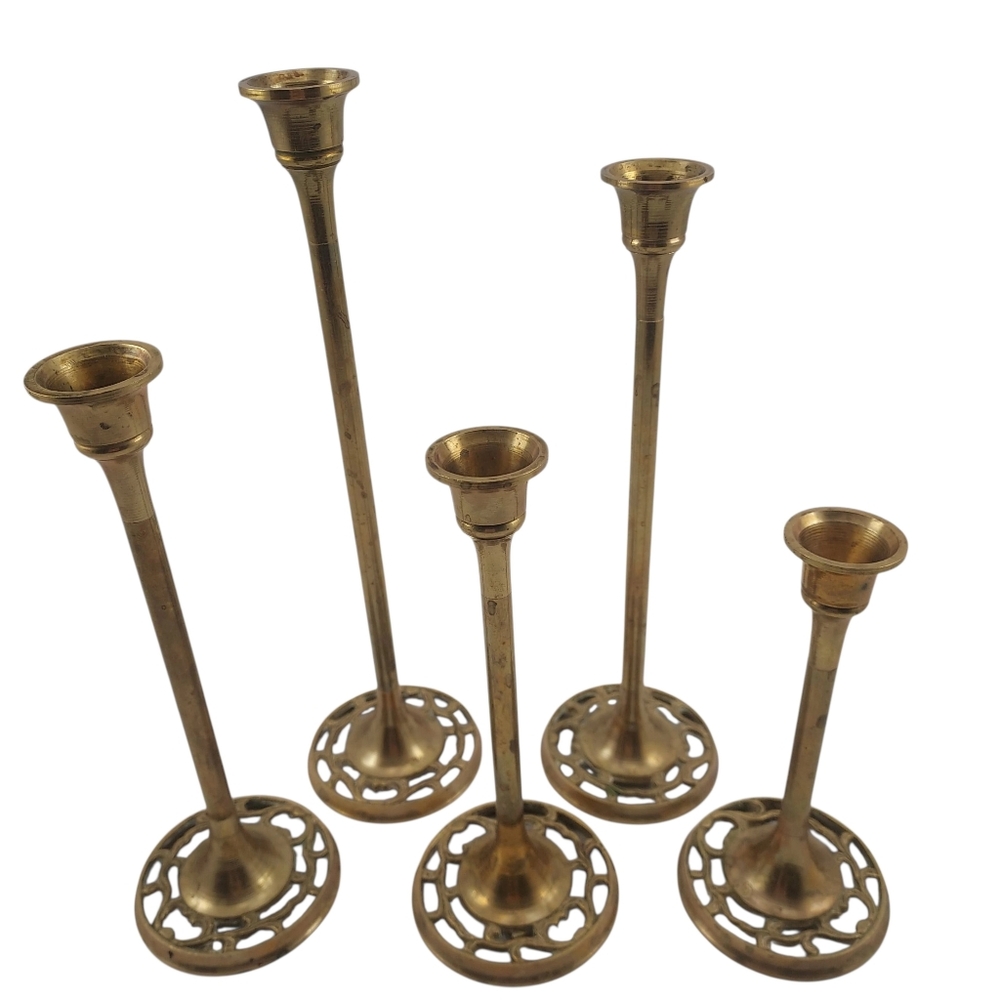 VTG 80's Antique Brass Candlesticks Set Of 5 Ornate Filigree Base